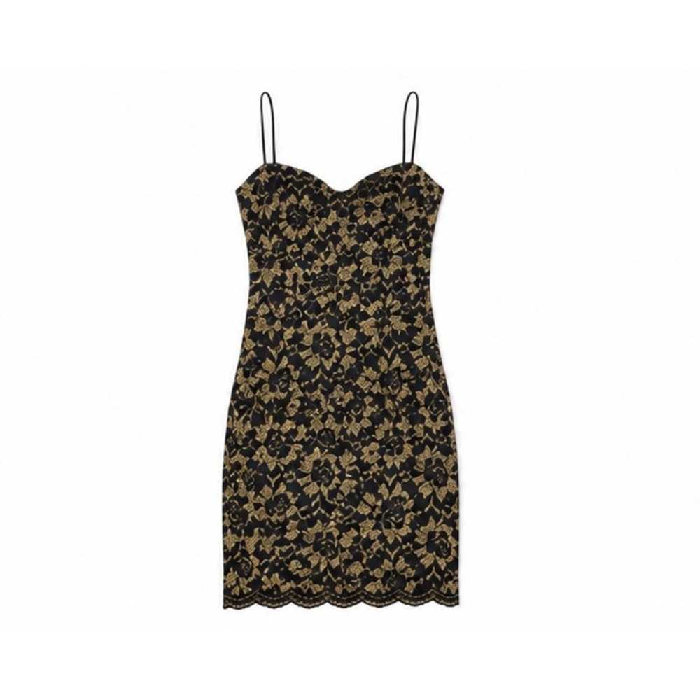 Coquette Dark Romancer Gold Metallic Lace Bodycon Mini Dress Small Black Vintage - Picture 8 of 13